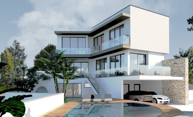 3D illustration of the four-bedroom detached villa with a private swimming pool and a  private covered parking area.