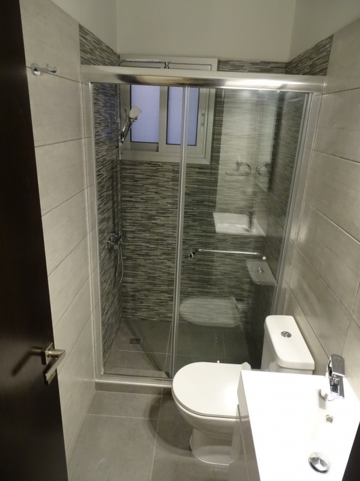 Picture of the en-suite shower of the master bedroom, having a toilet, a sink cabinet, and a shower.