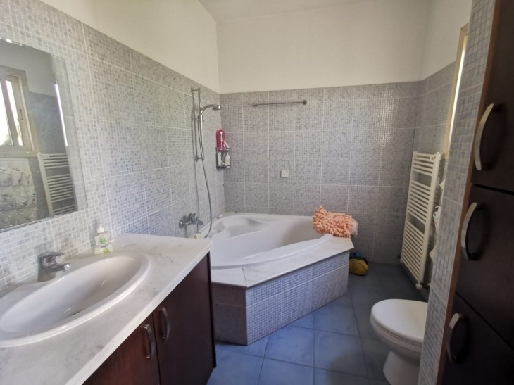 the space of the family bathroom with a bathtub, a toilet, a sink with fitted counters, a mirror and counters