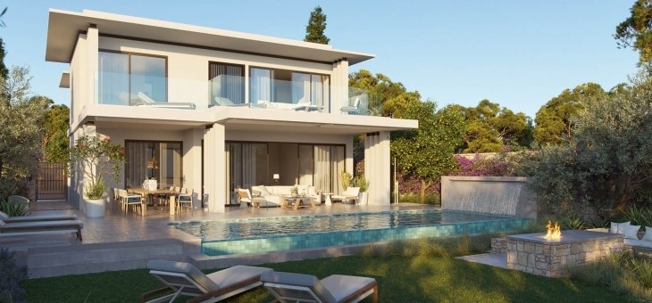 3D illustration of the three-bedroom detached villa with a private swimming pool area.