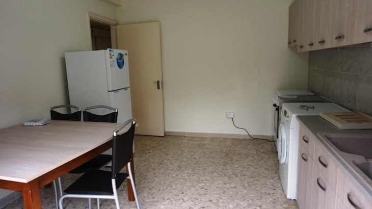 Image of the kitchen with the dining table, the fridge, washing machine and cooker