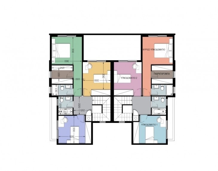 Illustration of the first level floor plan, showing the layout of the internal area, of both houses.