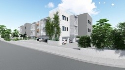 3D illustration of the exterior of the residential building, road view