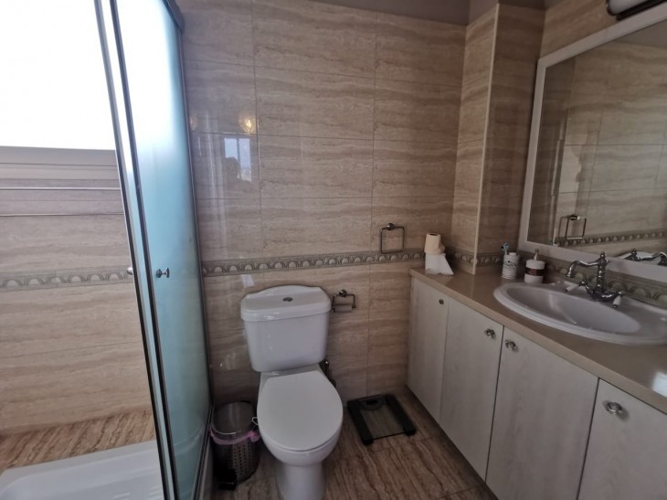 Ensuite shower room in the main bedroom with sanitary and a mirror