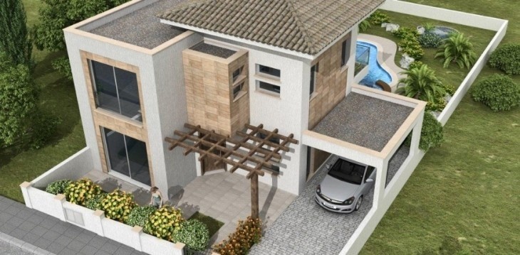 upper view 3d design of a detached house with pool, covered parking space and garden area