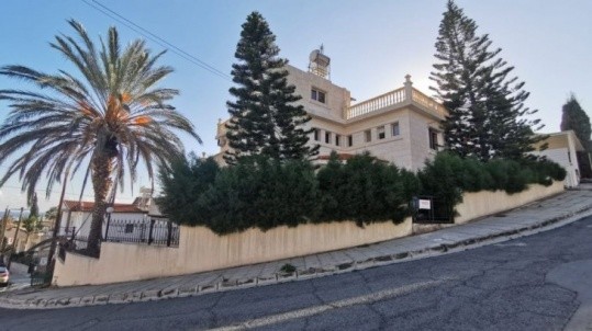 the exterior view of the house that shows the gated plot, the road that surrounds the house, the palm trees and pine trees