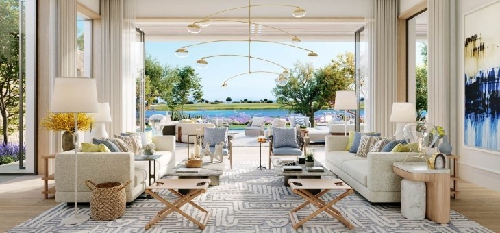 3D illustration of the open-plan living room area of the villa with stunning views of the gold course.