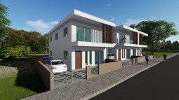 3d design of a side-facade one-level detached house with a gated parking area