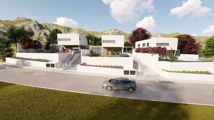3D illustration of the detached villas exterior, showing the garden area and the covered parking space of each house.