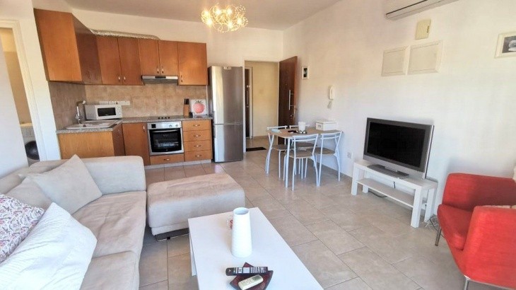 Picture of the open plan living room and kitchen area, fully furnished with an a/c unit.