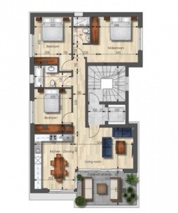 Design layout of the three-bedroom apartment, showing all internal and external areas.