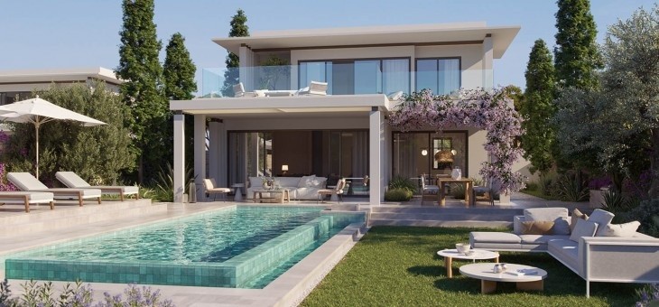 3D illustration of the three-bedroom detached villa with a private swimming pool area.