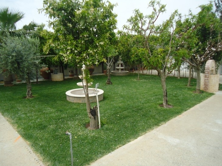 This is the garden which is surrounded by trees, there is a fountain right in the center, and two stone water wells.