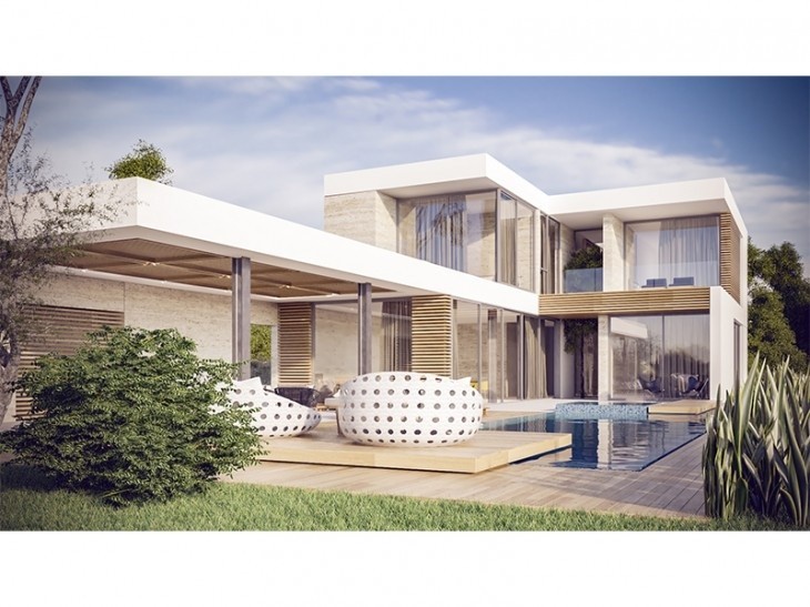 3D illustration of the detached villa in Germasoyeia Green area with a private garden and swimming pool.