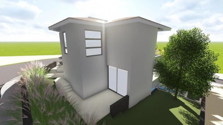 3D design of the rear facade house with uncovered veranda and garden area