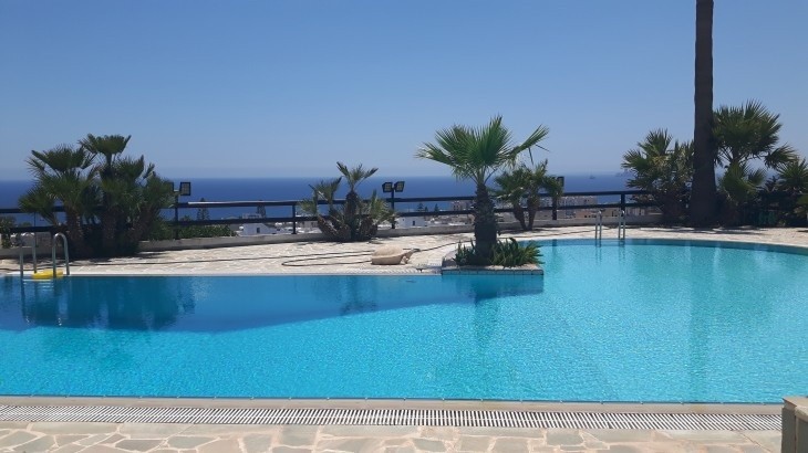 Picture of the private swimming pool and the stunning sea view that the detached villa offers.