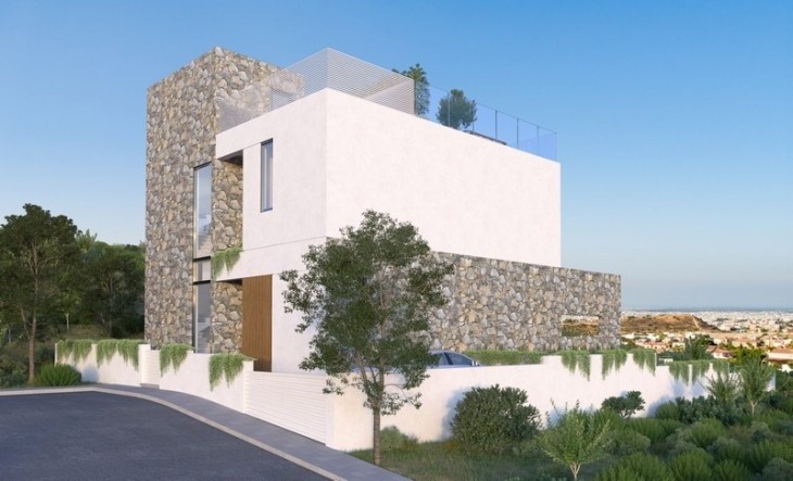 3d illustration showing the front facade of the detached villa in Germasoyeia Village.