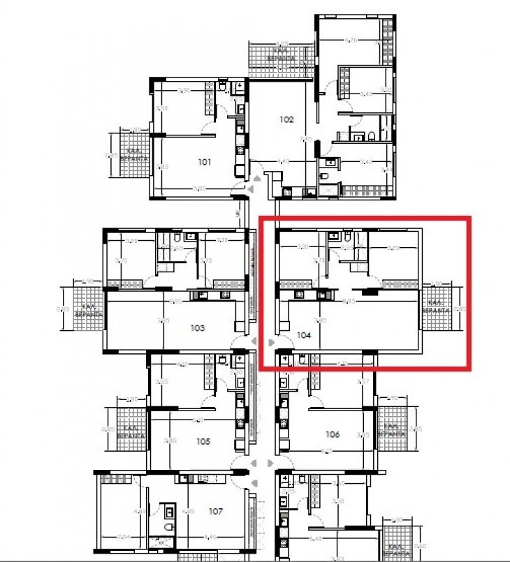 Illustration of the ground-level floor plan, marking the apartment area.