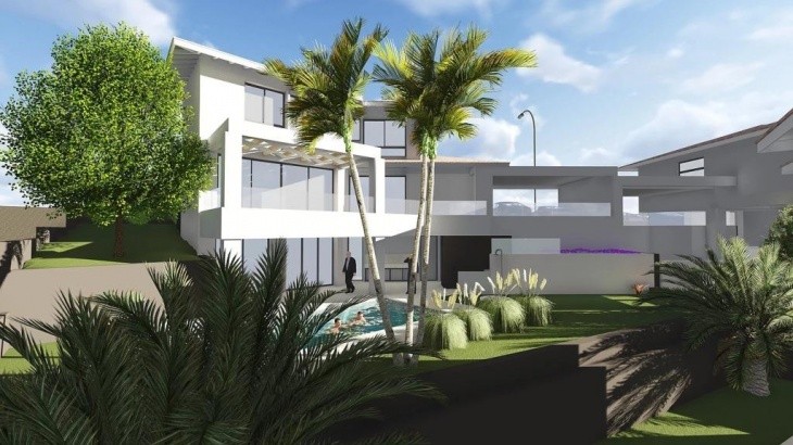 3D design of the side facade house with a pool and garden area