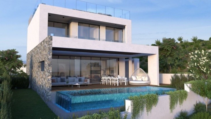 3D design Front facade house with a pool and garden area